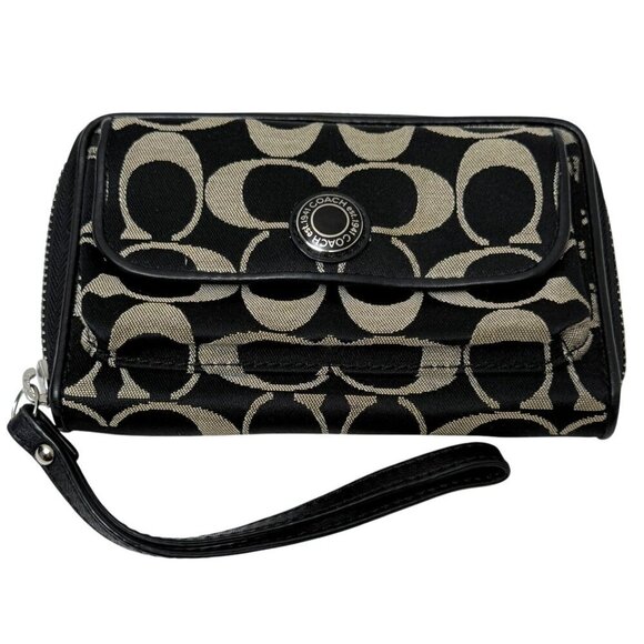 COACH Wristlet Wallet Black Beige Signature Logo Fabric and Leather 4x6" - Picture 1 of 14